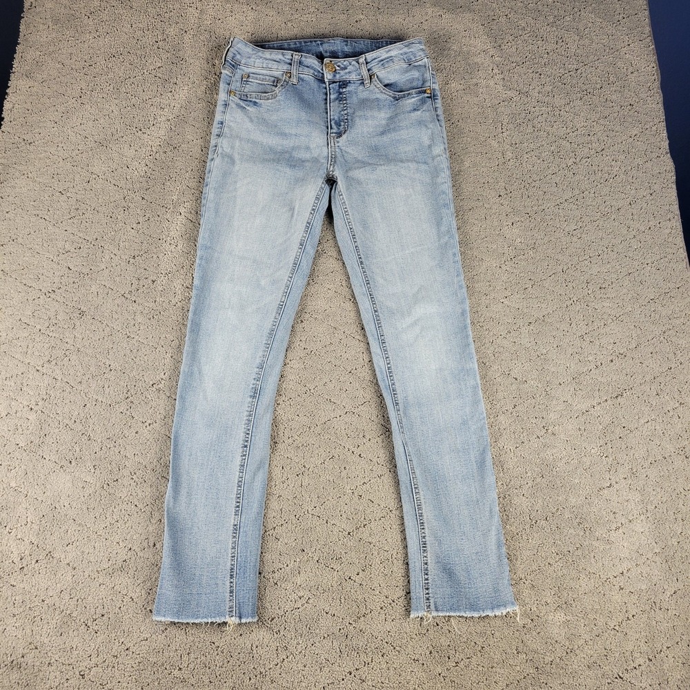 Seven 7 Jeans Womens 4 Blue Straight Leg Raw Hem Medium Wash Stretch Mid Rise